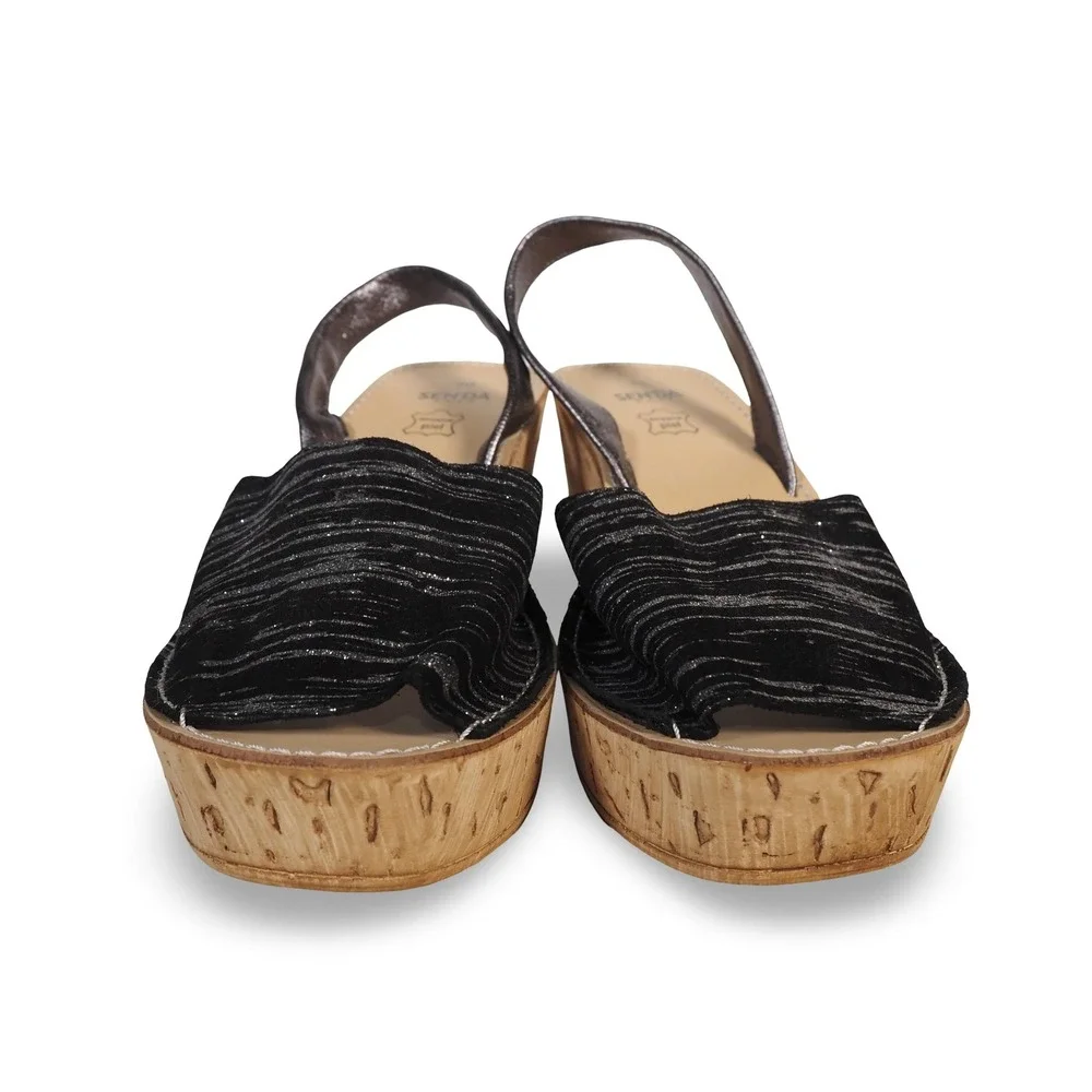 Senda Road Platform Cork Wedge Sandals Women's 9/40 Black Silver Slingback